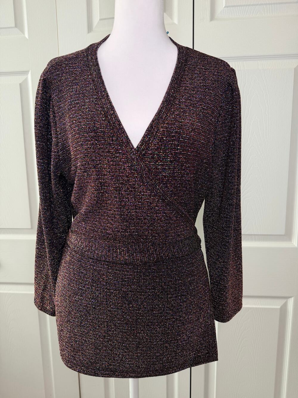 PAIGE Jasper Wrap Top L Metallic Multi Shimmer Long Sleeve Tie Waist NWT